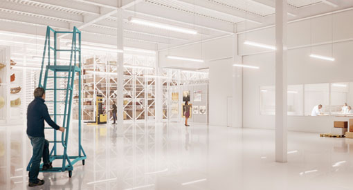 Design of the storage space in the collection storage facility. The space is white and open and contains storage shelves for artifacts. 