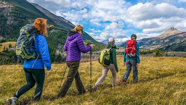 Quatres adultes font de la randonnée dans une clairière avec des montagnes en arrière-plan lors d’une journée partiellement nuageuse.