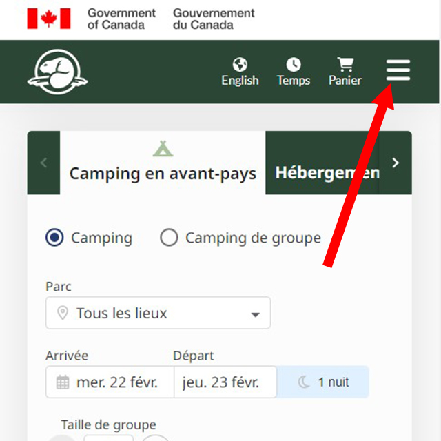 Capture d'écran avec une flèche pointant vers le menu de navigation